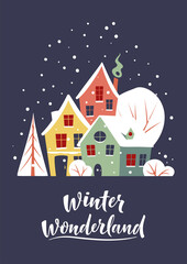 Fototapeta na wymiar Christmas greeting card with small winter town covered with snow. Winter wonderland. Vector illustration in trendy flat style for cards, covers, invitations, posters, banners, flyers, placards