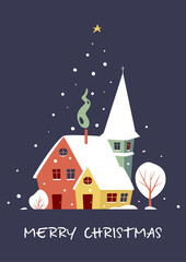 Christmas greeting card with small winter town covered with snow. Merry Christmas. Vector illustration in trendy flat style for cards, covers, invitations, posters, banners, flyers, placards