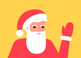 Fototapeta na wymiar Santa Claus waves his hand, greets, congratulates on holidays. Santa claus celebrates christmas and new year. Vector flat illustration