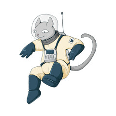 Cute jumping grey cat in space suit. Vector cartoon illustration. Isolated on white background. Best for print, textile and web design.