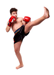 Kickboxer training isolated on white background