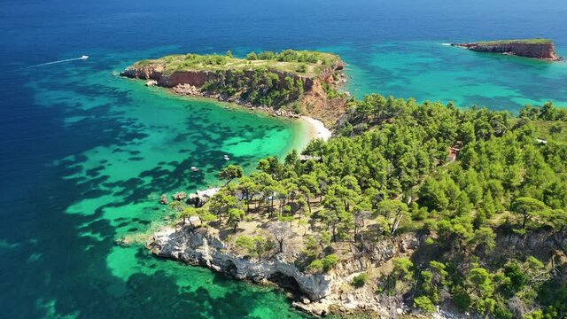 Aerial drone video of paradise beaches in Kokinokastro area with crystal clear turquoise sea, Alonissos island, Sporades, Greece 