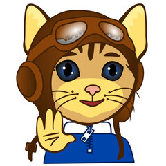 emoji with smiling retro airplane pilot in a vintage flying helmet with headphones and glasses or aviator goggles, simple hand drawn emoticon, cat vector illustration