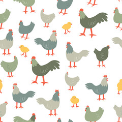Seamless pattern with chiken, rooster and chick. Cute cartoon characters. Animal print.