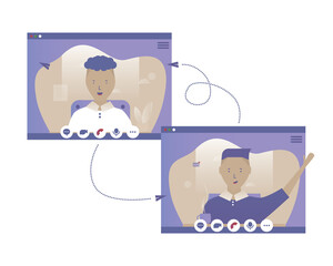  A man talks to a friend online in his computer. Vector illustration with Web communication idea for telework, remote working and freelancing concept