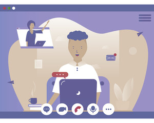 A man talks to a girl online in his computer. Vector illustration with Web communication idea for telework, remote working and freelancing concept
