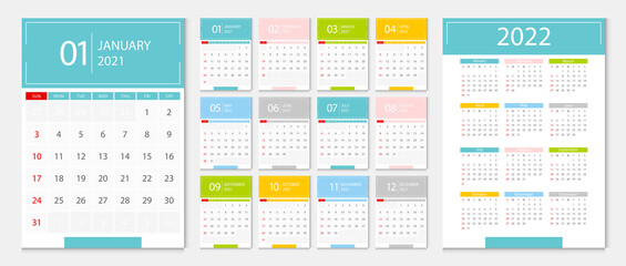 Calendar 2021, calendar 2022 week start Sunday corporate design template vector.