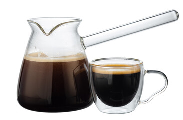 Glass coffee turk with coffee isolated on white