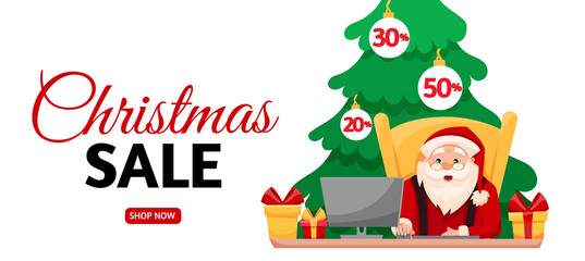 Christmas Sale Season Banner Template. Cartoon Santa sitting on the yellow chair with a Christmas tree on the background. Vector flat illustration.