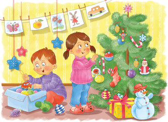 Obraz na płótnie Canvas Winter. Cute boy and girl decorating Christmas tree.. Illustration for children. Coloring page. Cute and funny cartoon characters