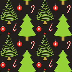 Christmas seamless pattern with hand drawn lollipops, balls, christmas trees. Repeating background for wrapping paper, fabric, stationary products decoration.