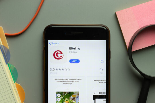 New York, USA - 26 October 2020: Efteling mobile app logo on phone screen close up, Illustrative Editorial