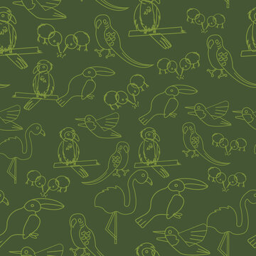 Kawaii hand drawn exotic birds repeat pattern print