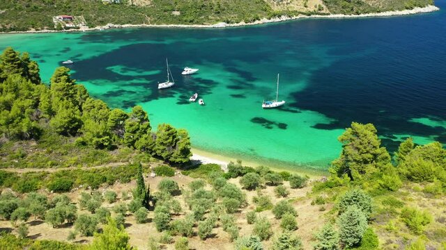 Aerial drone video of tropical paradise exotic island covered in pine trees with turquoise crystal clear beach in Caribbean destination