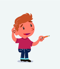 cartoon character of little boy on jeans doubts while pointing with a pencil.