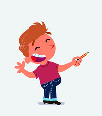 artoon character of little boy on jeans is happy while pointing to the side with a pencil.