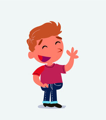 cartoon character of little boy on jeans waving informally while smiling