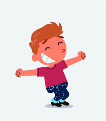 Euphoric little boy on jeans in funny cartoon character.