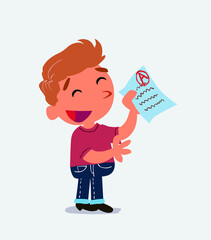 happy cartoon character of little boy on jeans explaining something with exam in hand.