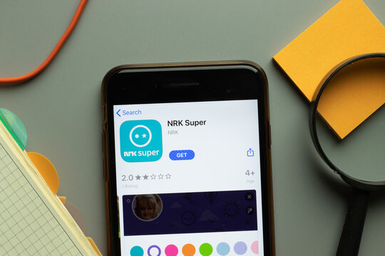 New York, USA - 26 October 2020: NRK Super mobile app logo on phone screen close up, Illustrative Editorial