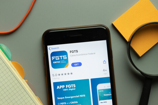 New York, USA - 26 October 2020: FGTS mobile app logo on phone screen close up, Illustrative Editorial