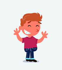 Fototapeta premium Very pleased cartoon character of little boy on jeans.