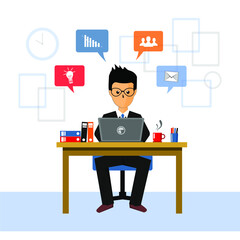 business man in the workspace and various icons in various colored bubbles on it