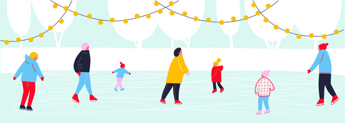 Fototapeta na wymiar Happy families and couples skating on ice rink. Christmas and Happy New Year. Vector flat cartoon illustration of winter outdoor fun activities. Holiday banners or labels.