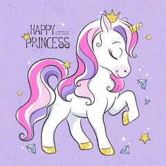 Art. Glitter unicorn princess. Cute unicorn. Digital illustration. Fashion print in modern style. Happy little princess.