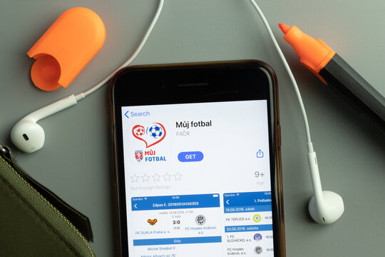 New York, USA - 26 October 2020: Muj fotbal mobile app icon logo on phone screen close-up, Illustrative Editorial