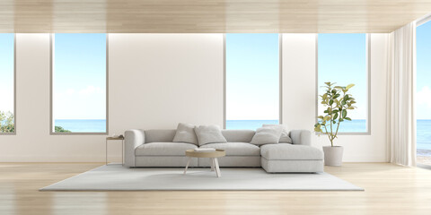3d rendering of modern living room with large plain wall and sofa on wooden floor, sea view background.