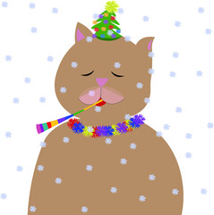 Christmas card with a cat. Vector winter illustration. Snow. New year celebration.