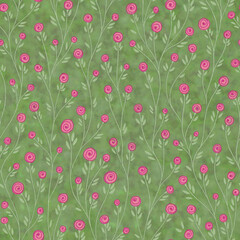 Artistic floral seamless pattern. Hand drawn twigs with cute pink rose flowers and green leaves on watercolor spotted green background. Template for design, textile, wallpaper, bedding, ceramics.