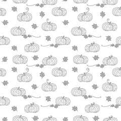 Seamless Thanksgiving pattern with hand drawn pumpkins leaves swirl elements in black and white graphic style. Creative holiday fall background for product surface design, fabric
