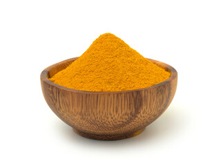 Turmeric (curcumin) powder in a wooden bowl isolated on a white background,spices.