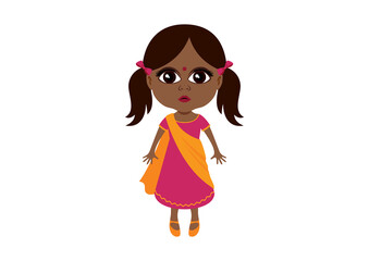 Cute little indian girl in traditional dress icon vector. Adorable indian baby girl in sari vector. Beautiful little ethnic girl icon isolated on a white background. Little girl with big brown eyes