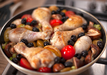 close-up of meat and poultry and dishes cooked at home kitchen
