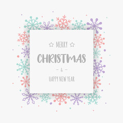 Christmas background with festive snowflakes and wishes. Design of Xmas greeting card. Vector