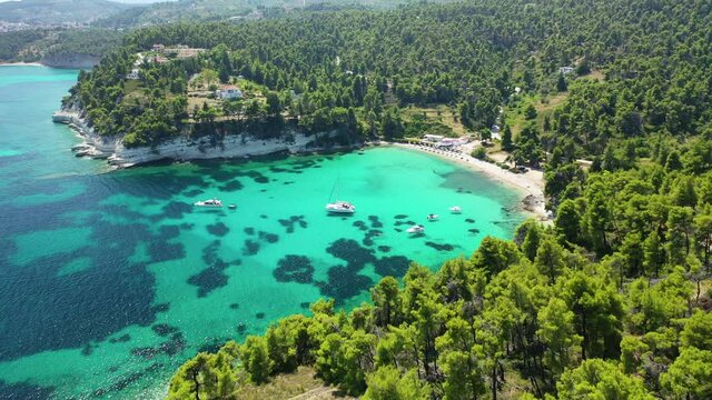 Aerial drone video of Chrysi Milia sandy beach with crystal clear turquoise sea, Alonissos island, Sporades, Greece 
