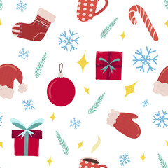 Retro seamless pattern with Santa Claus hat, sock, metten, gift baox, snowflake, candy and cup for paper and fabric design. Traditional winter holiday art. Cartoon style. Vector fashion background.