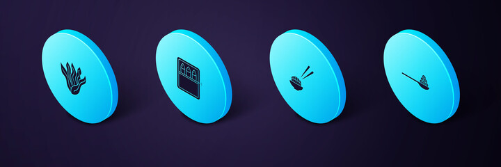 Set Isometric Caviar on a spoon, Sushi, Canned fish and Seaweed icon. Vector.