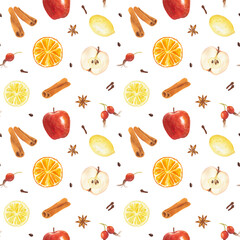 Watercolor seamless pattern with hand drawn elements lemon, orange, cinnamon sticks, apples, rose hips and spices isolated on white background.