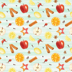 Watercolor seamless pattern with hand drawn elements lemon, orange, cinnamon sticks, apples, rose hips and spices on striped background.