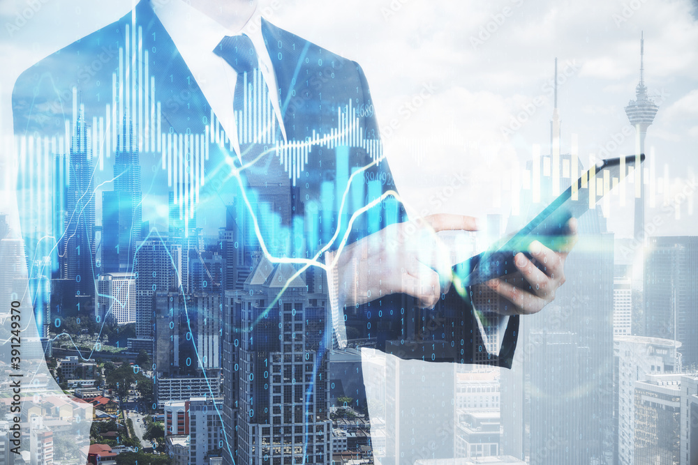 Poster businessman using tablet computer with forex chart.
