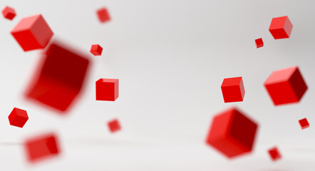 Flying cubes on white studio background, abstract 3d rendering illustration