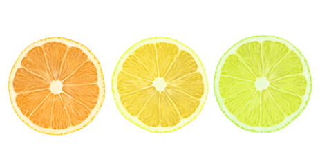 Citrus slices on a white isolated background. Orange, lemon and lime.