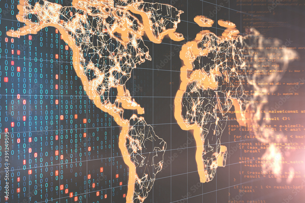 Poster digital polygonal world map on dark background.