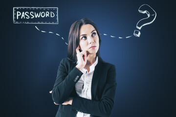 Thinking businesswoman with drawing question mark and password text
