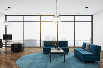 Modern living room interior with blue sofa and panoramic city view.