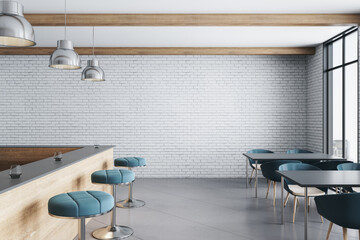 Modern rrestaurant interior with blank brick wall